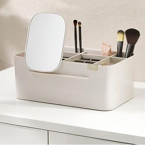 Organizator de cosmetice cu oglinda, UBX, 10 compartimente, plastic, 30x18.5x12.5 cm, alb Organizator de cosmetice cu oglinda, UBX, 10 compartimente, plastic, 30x18.5x12.5 cm, alb